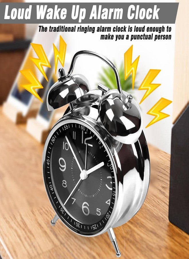 HOME SKILL ساعة منبه من هوم سكيل، ساعة عالية الصوت للبالغين، ساعة طاولة معدنية بقطر 4 بوصات مزودة بجرسين وإضاءة خلفية، ساعات منبه للطلاب، ديكور غرفة النوم/المكتب (ساعة سوداء فضية) - Image 5